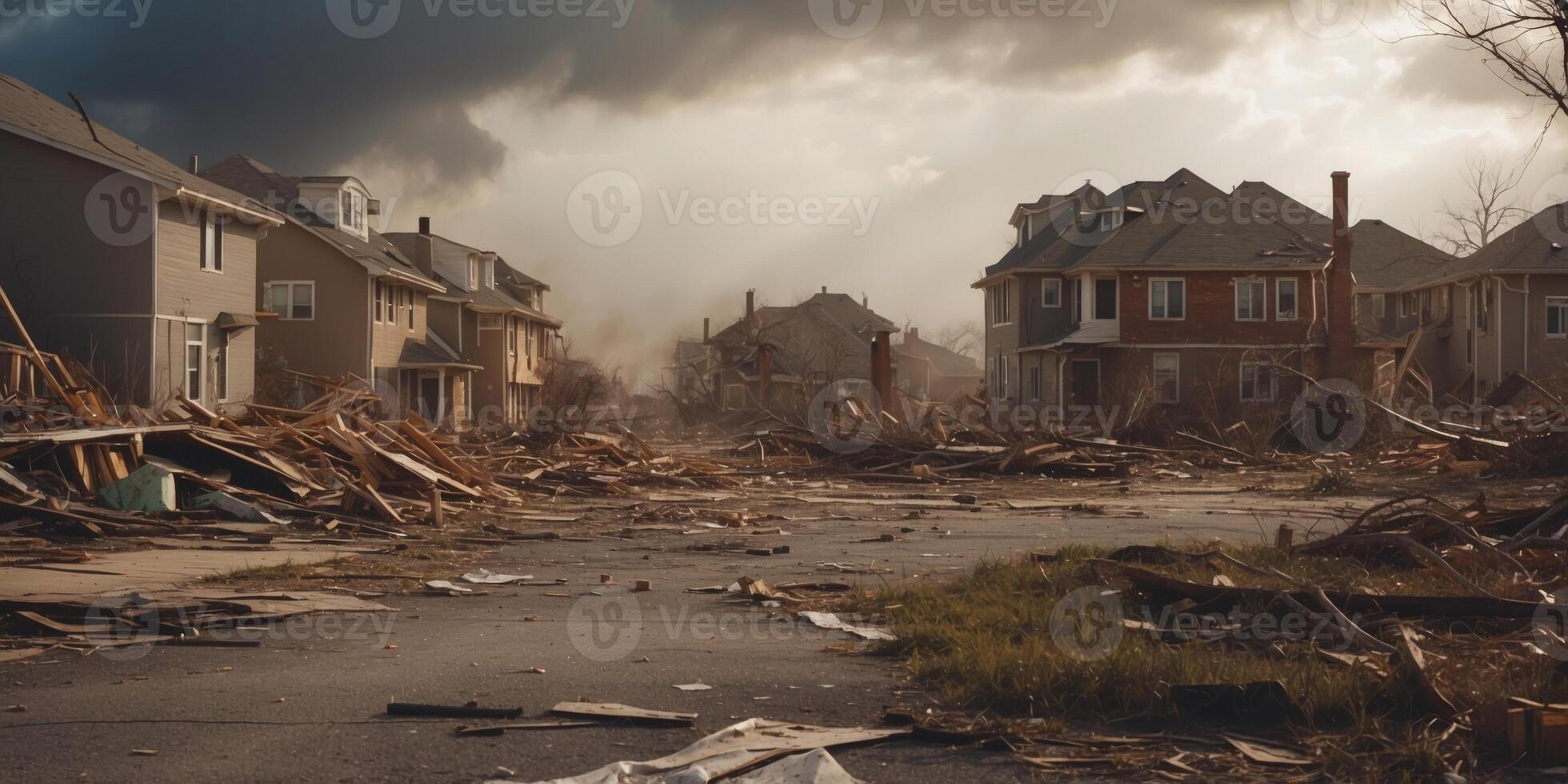 Extensive Damage in a Residential Area After a Tornado. photo