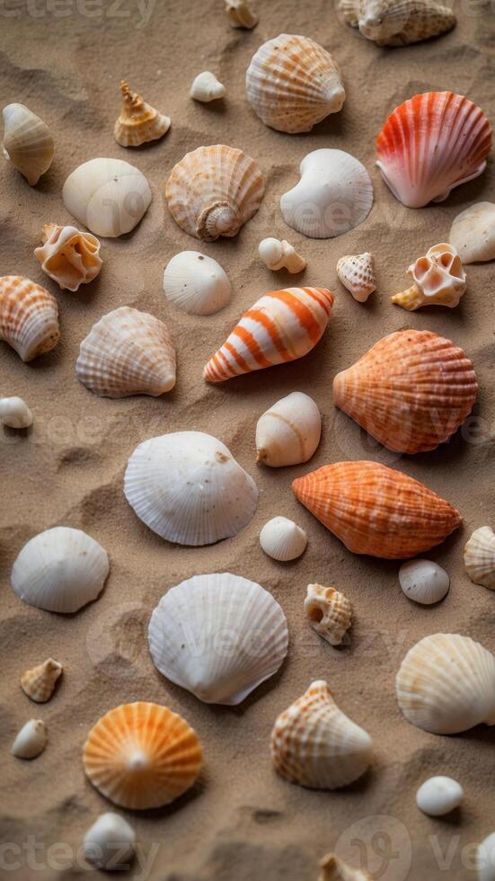 Assorted seashells and corals arranged on sandy surface. photo