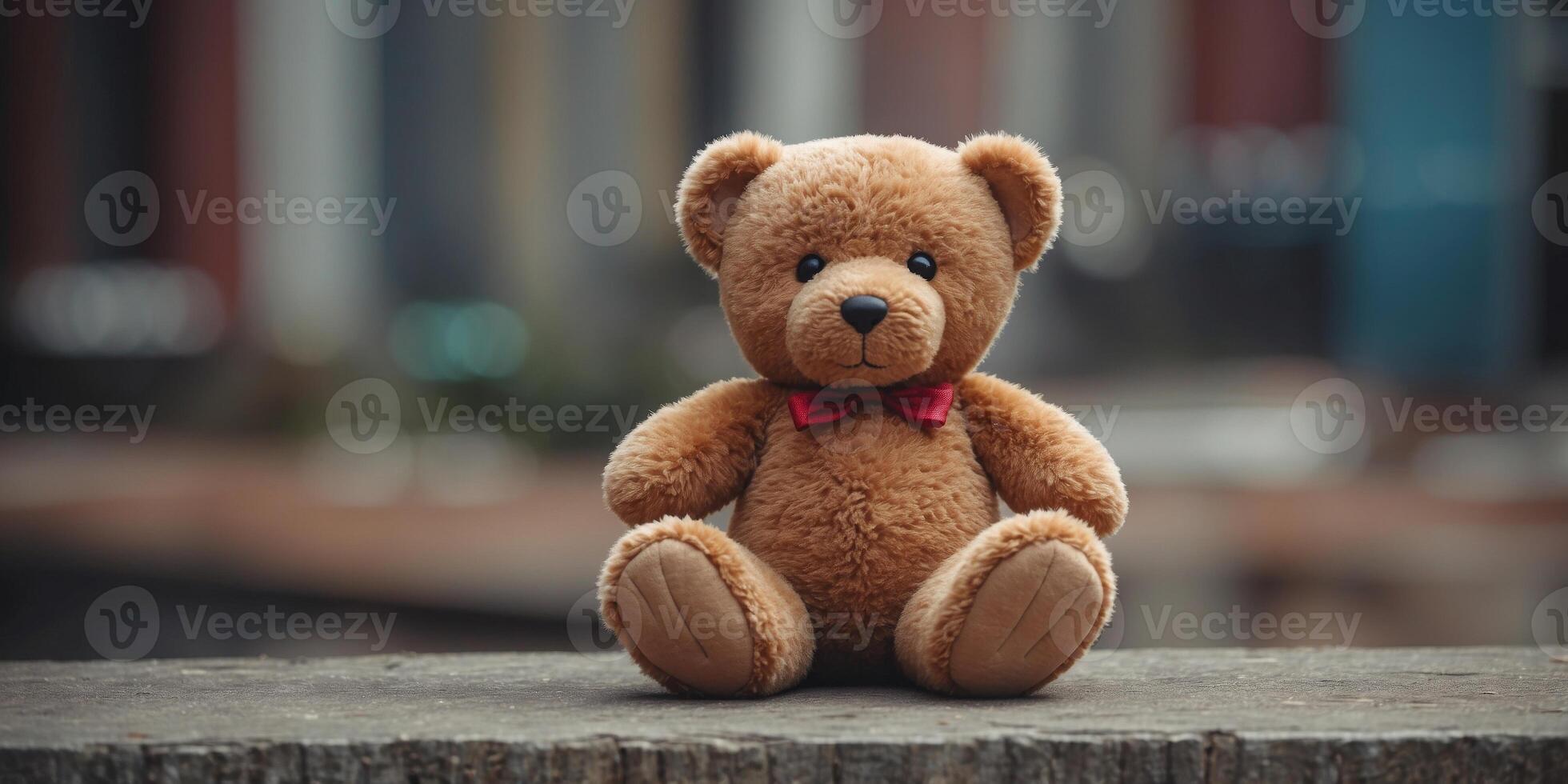 abandoned teddy bear on the background of building. photo