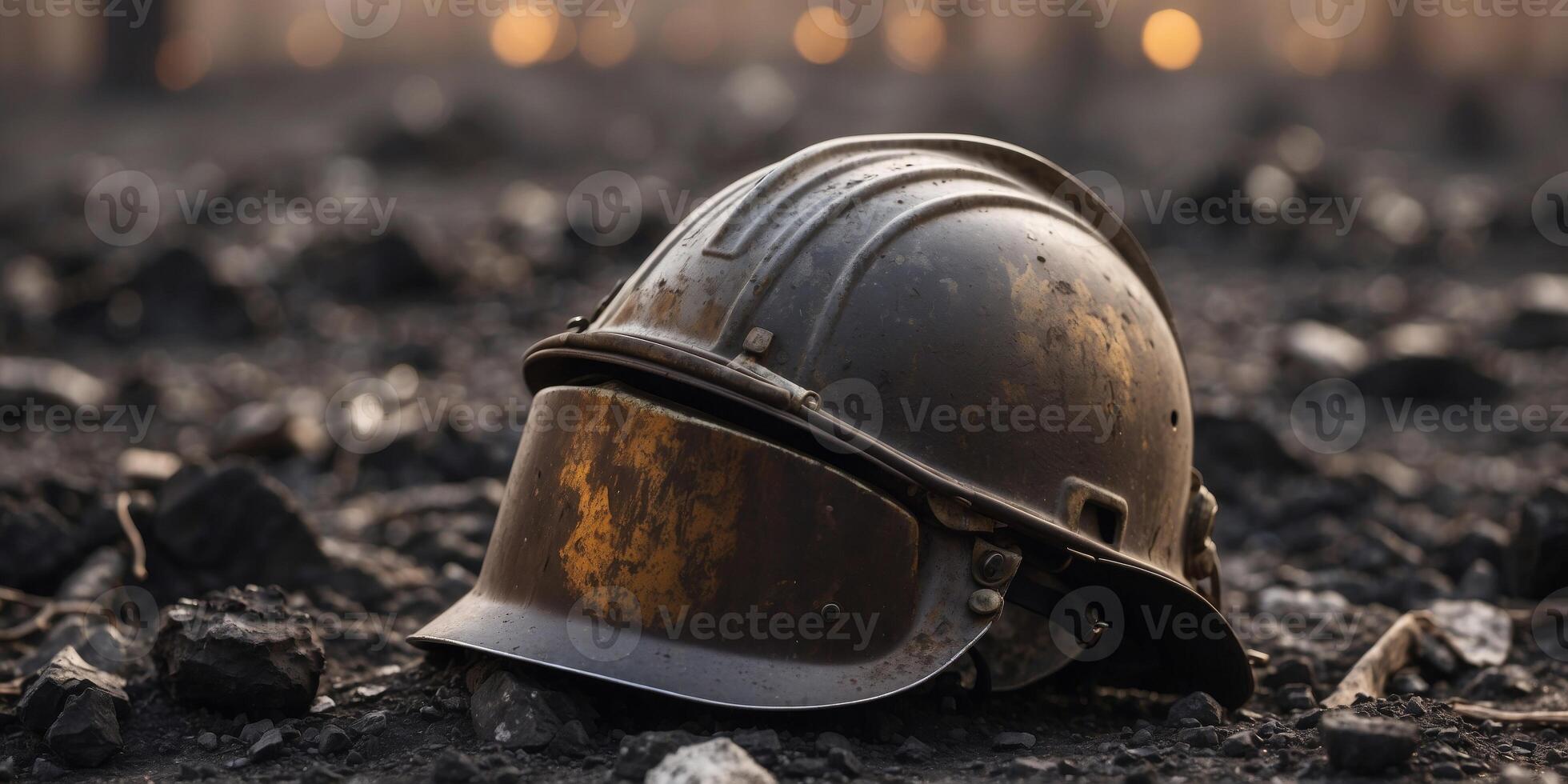 Abandoned worker's helmet on charred ground amidst smoldering ashes. photo
