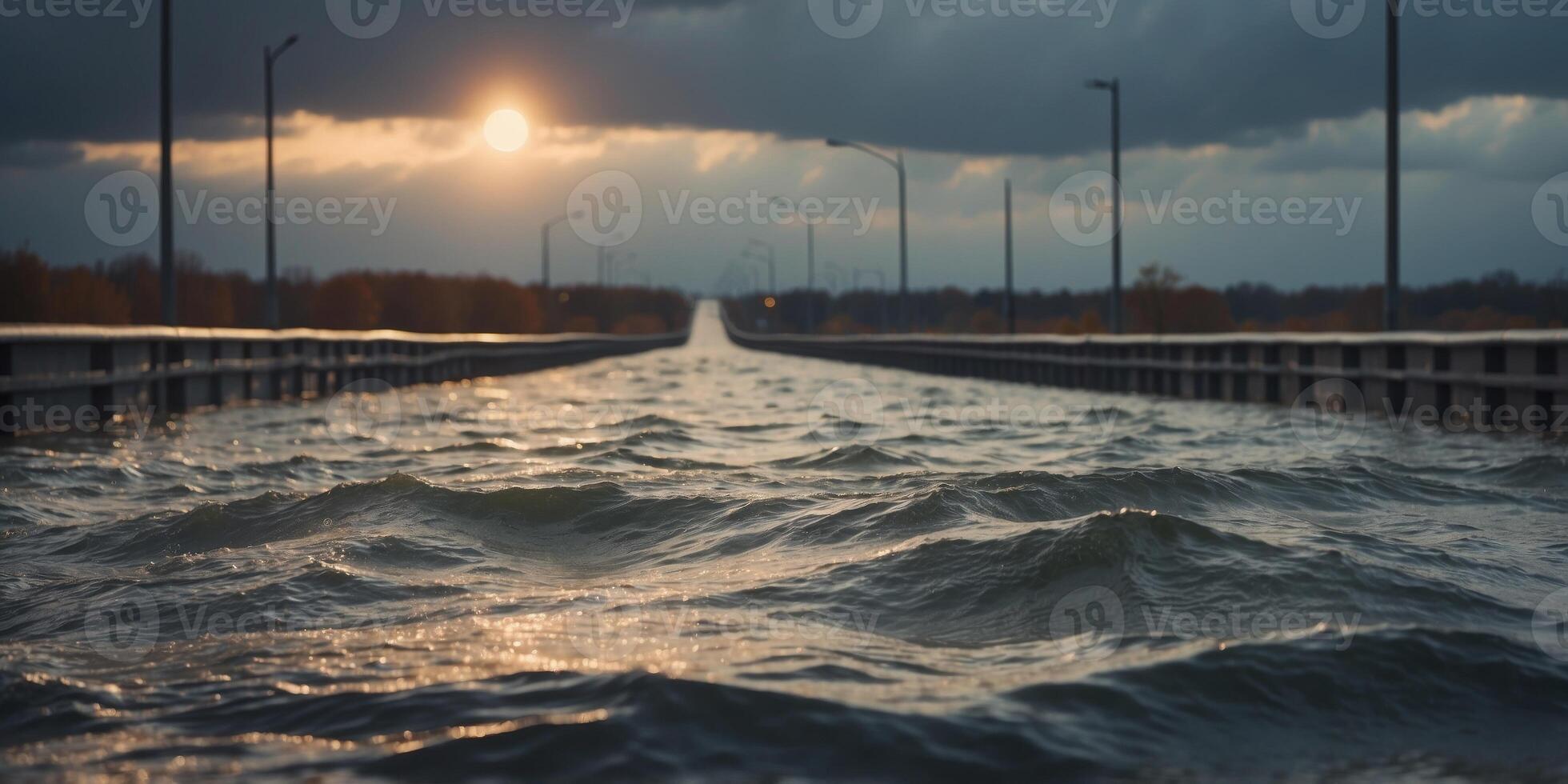 Flooded bridge in turbulent water under a cloudy sky. photo