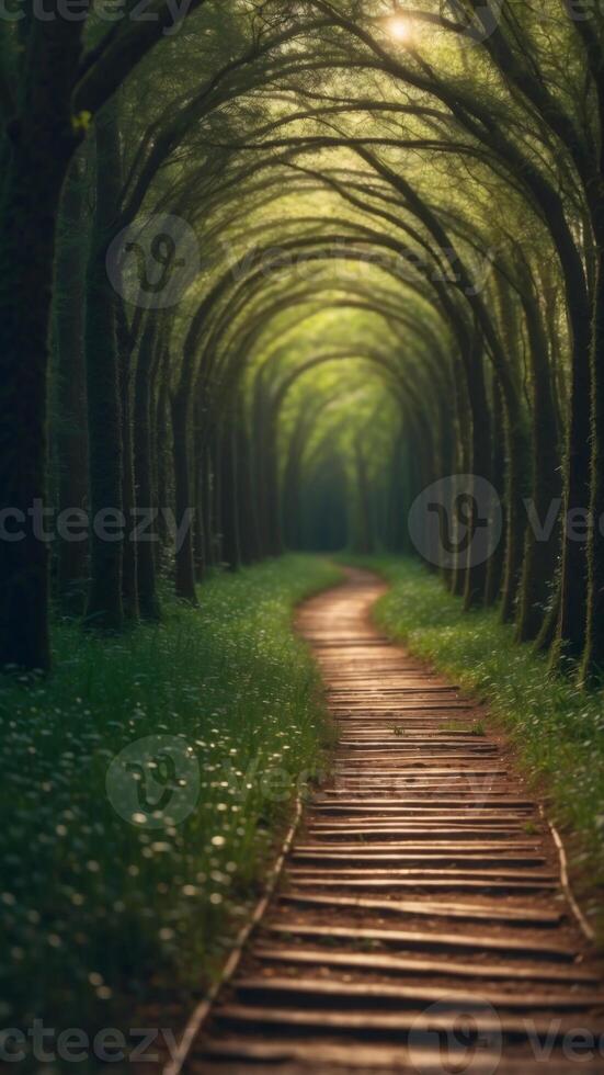 Time passing through forest of numbers creating green energy tunnel. photo