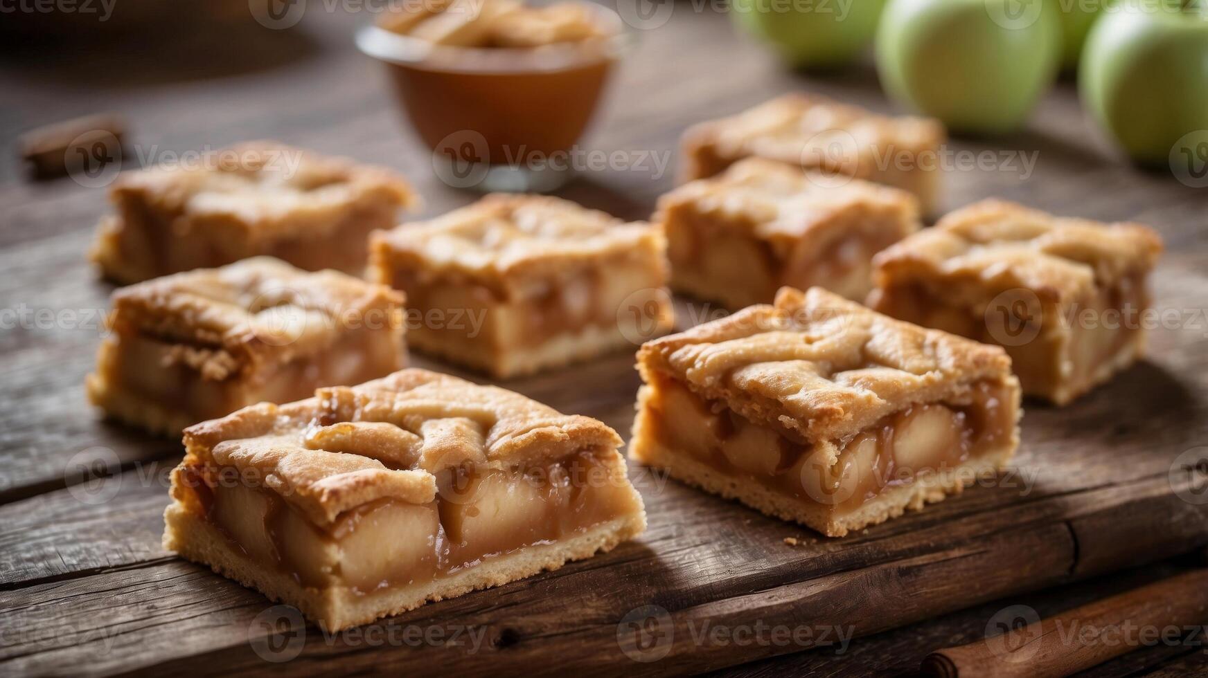 apple pie bars with a shortbread crust and spiced apple filling presented on a rustic wooden table. photo