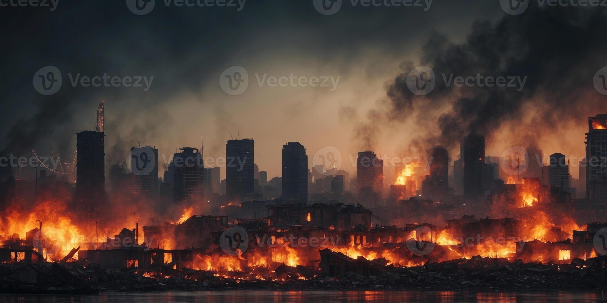 Ruined cityscape with fires raging under a gloomy sky. photo