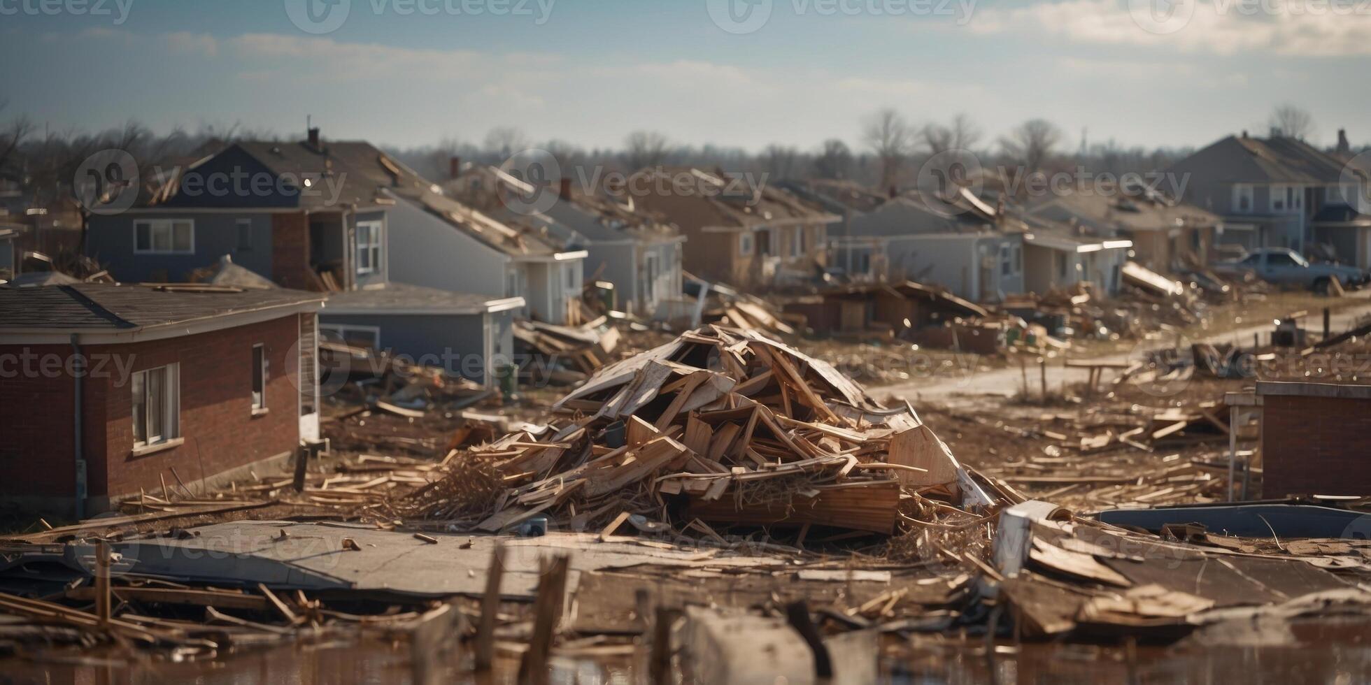 Extensive Damage in a Residential Area After a Tornado. photo