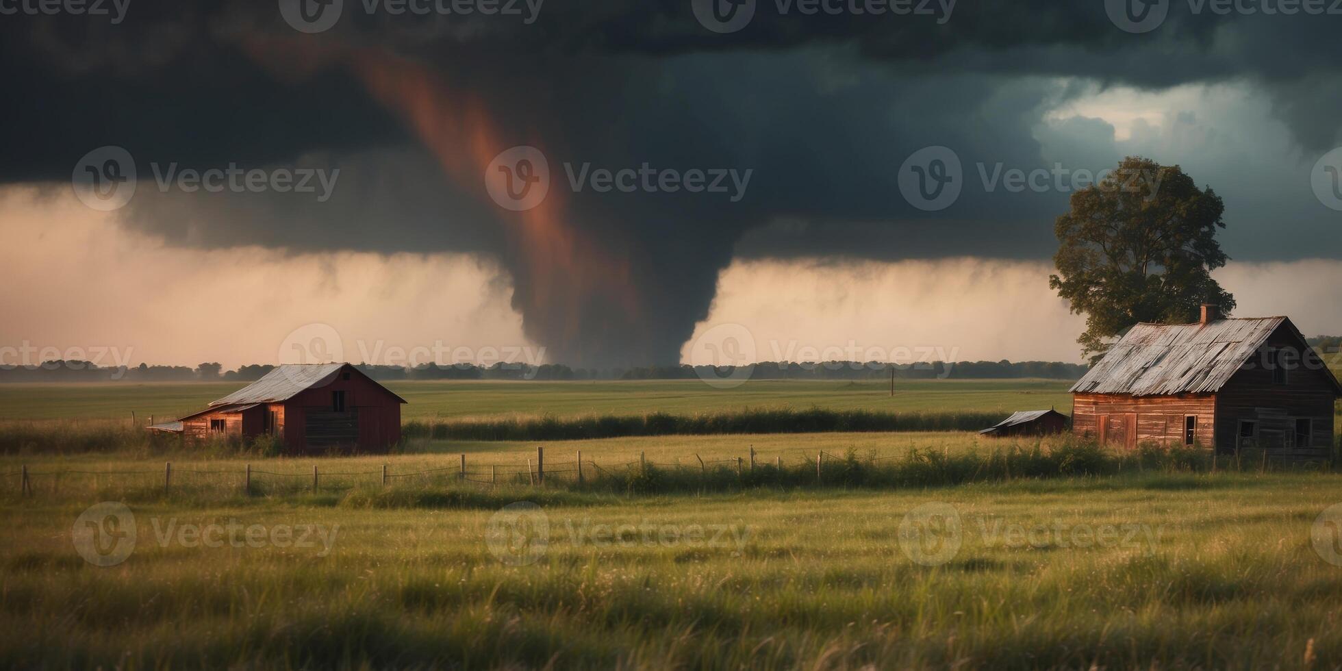 Large tornado in the meadow next to the old farm. photo
