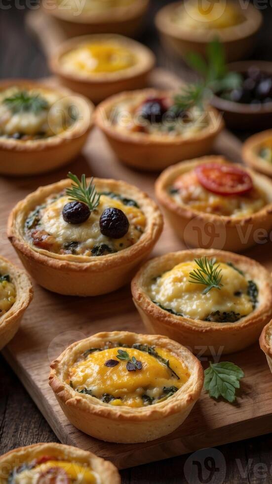 Delectable Mini Quiches with Assorted Fillings Displayed on a Rustic Wooden Serving Platter Baked Pastries and Breads Concept. photo