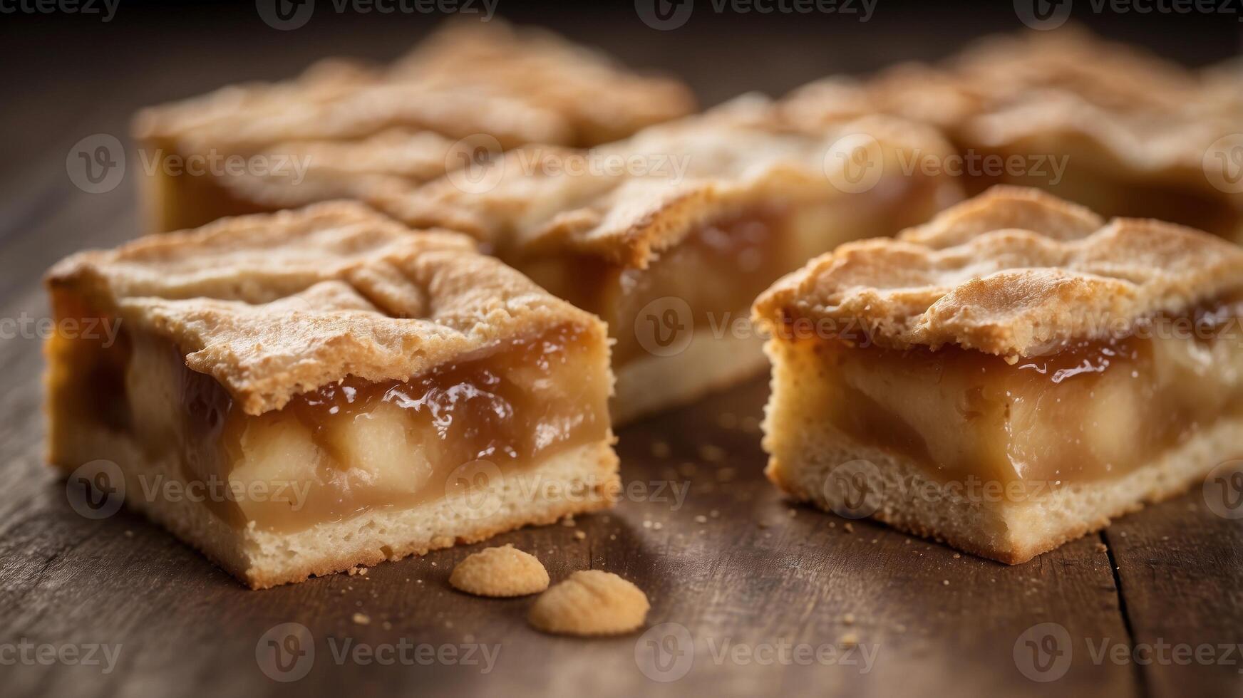 apple pie bars with a shortbread crust and spiced apple filling presented on a rustic wooden table. photo