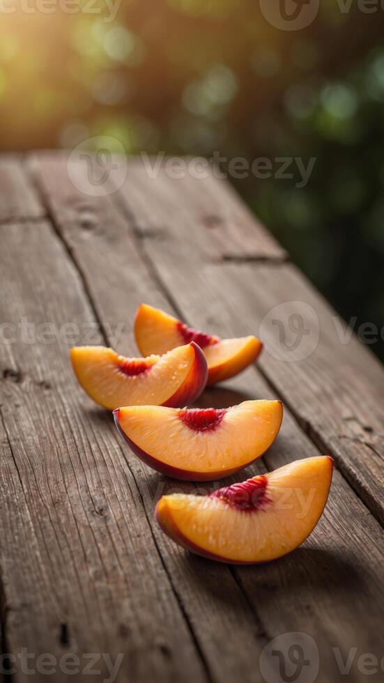 Ripe Peach Slices on Rustic Wooden Table with Natural Lighting. photo