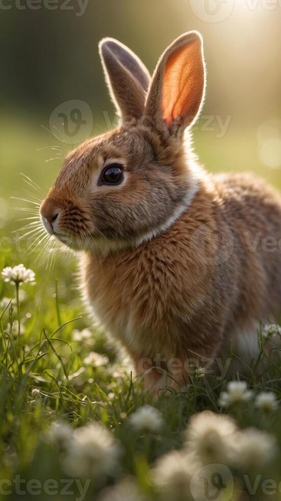 Playful Bunny Nibbling on Clover in Lush Spring Meadow with Warm Sunshine. photo