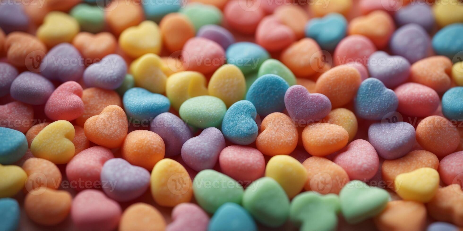 background of colorful pastel candies heart shape top view. photo