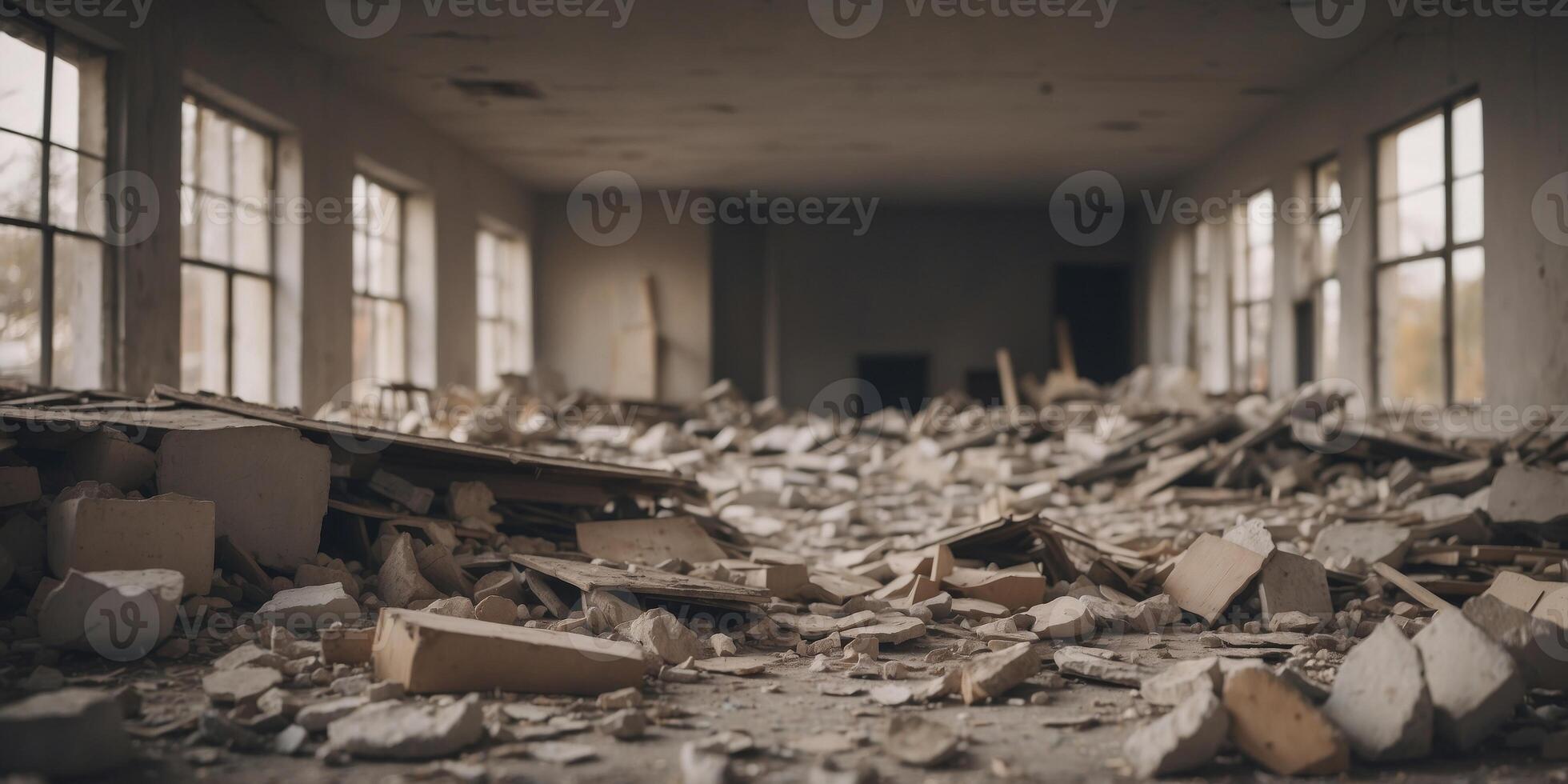 A room filled with rubble and wreckage after an unknown disaster. photo