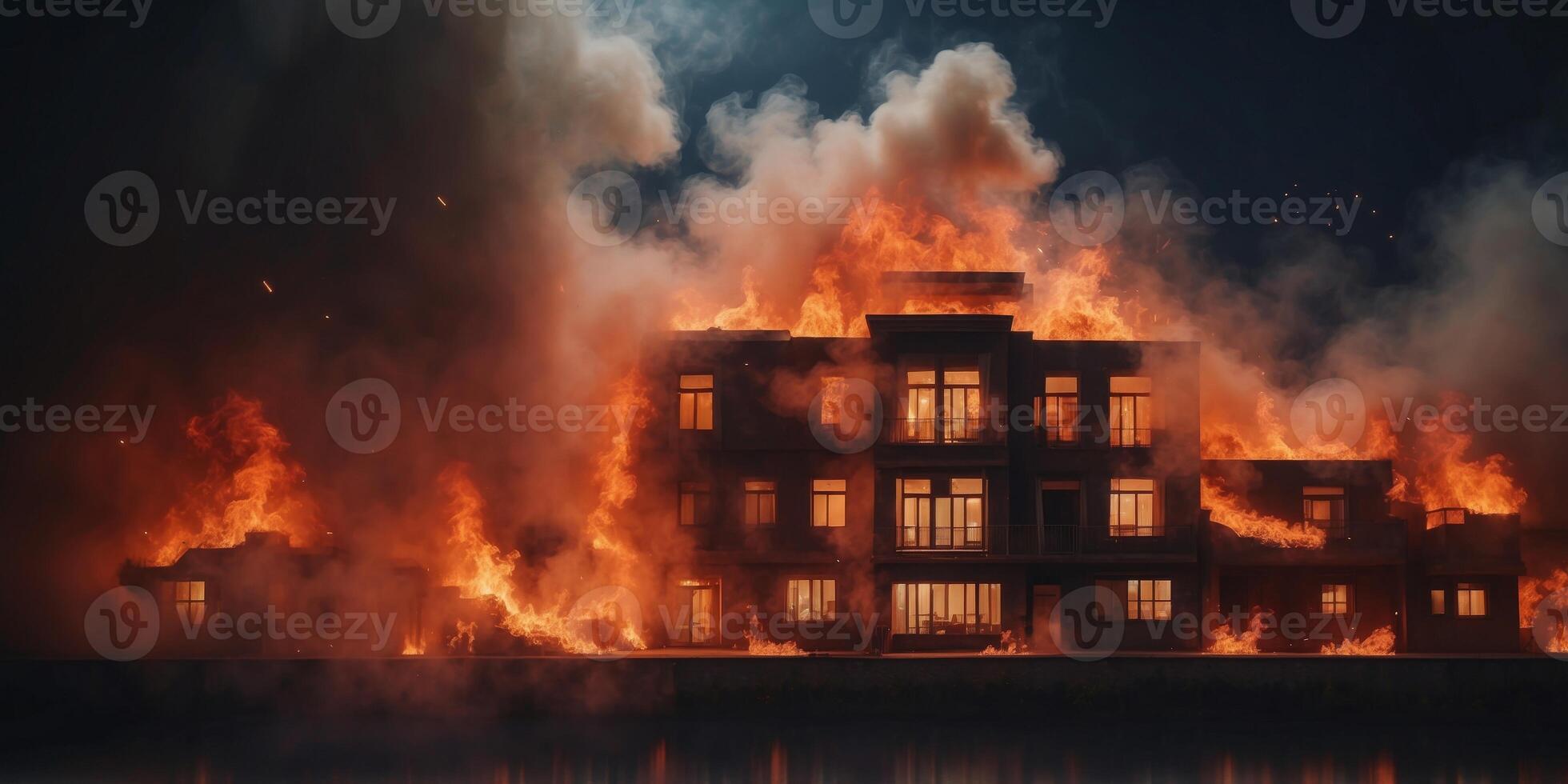 A building engulfed in flames with smoke billowing into the night sky. photo