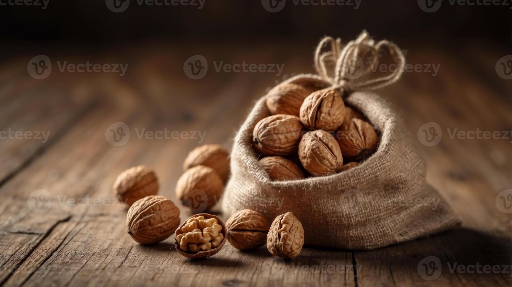 Rustic walnuts in burlap sack on wooden surface. photo