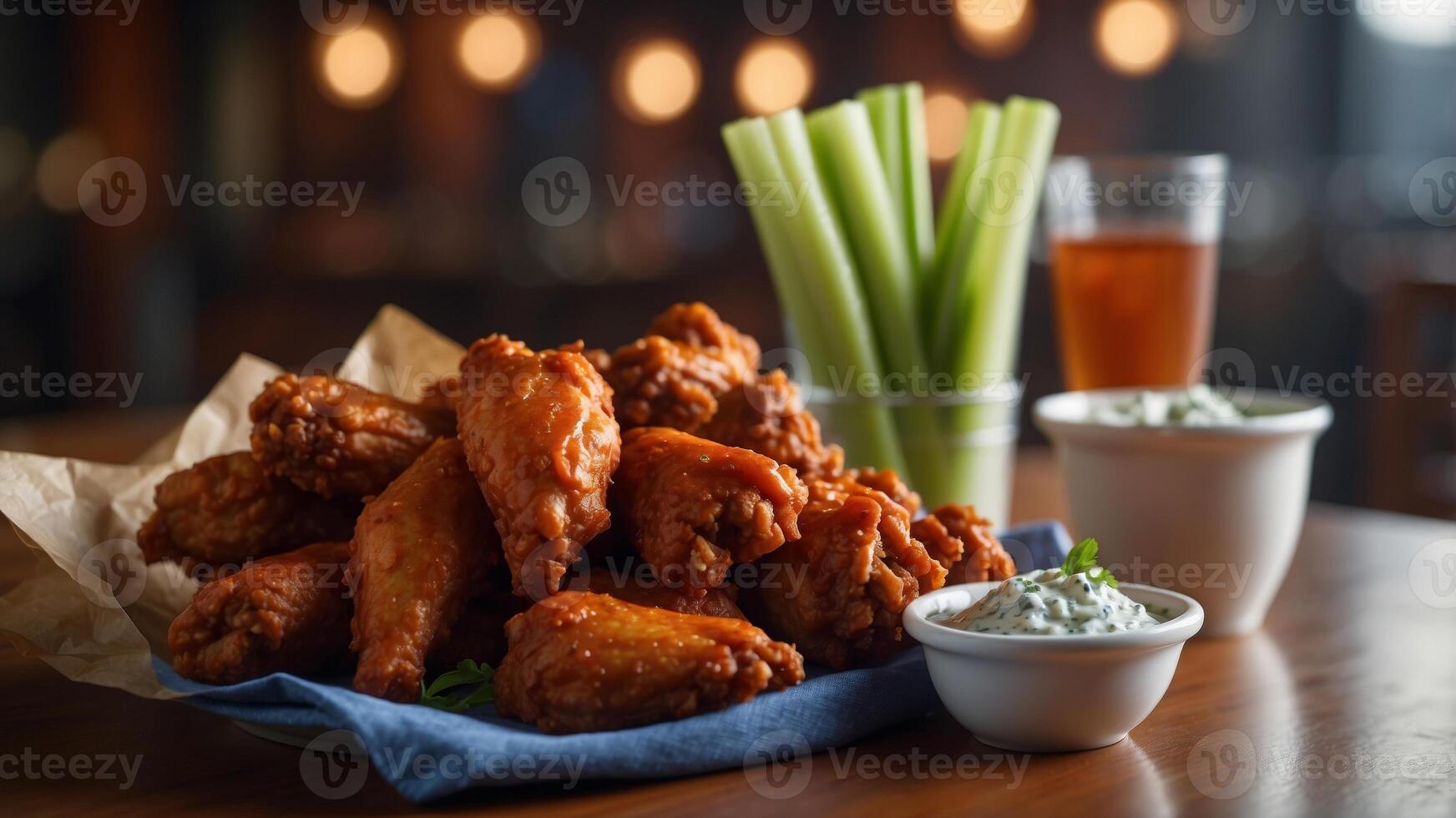 Spicy Buffalo Wings and Celery with Blue Cheese Dipping Sauce on Sports Bar Table. photo
