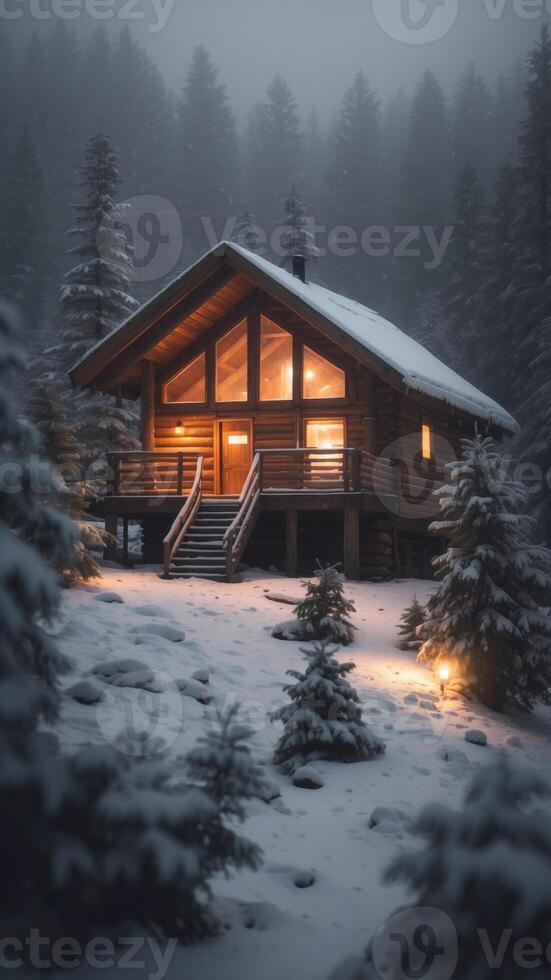 Cozy wooden cabin with illuminated windows amidst a snowy pine forest in misty winter evening. photo