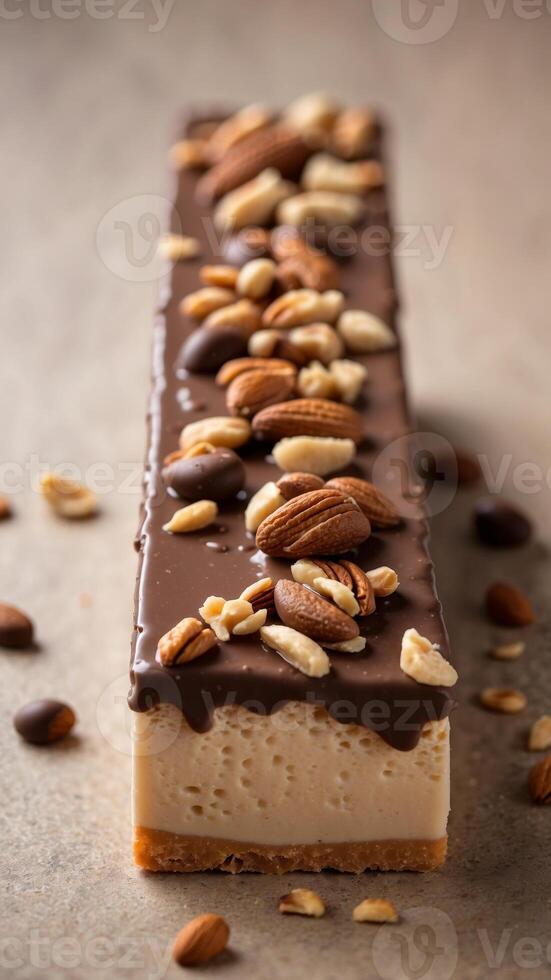 Delectable Chocolate Dipped Ice Cream Bar with Nuts on Simple Background. photo