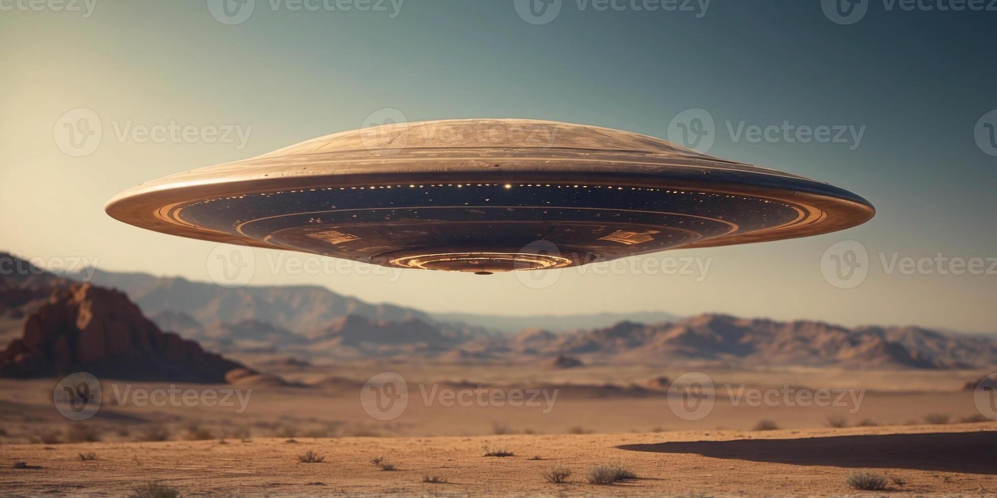 Flying saucer hovering above the desert a scene from another world creating wonder and curiosity among stargazers and skeptics alike. photo