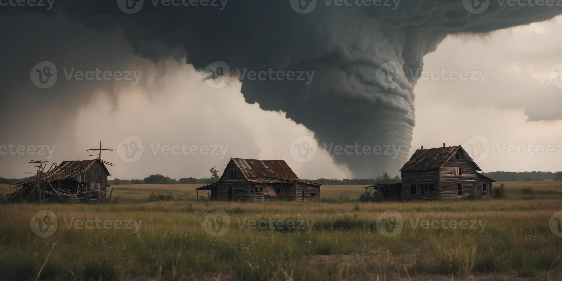 Large tornado in the meadow next to the old farm. photo