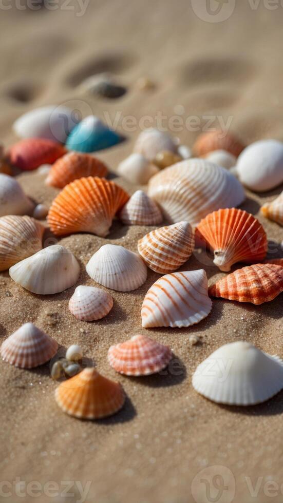 Assorted seashells and corals arranged on sandy surface. photo