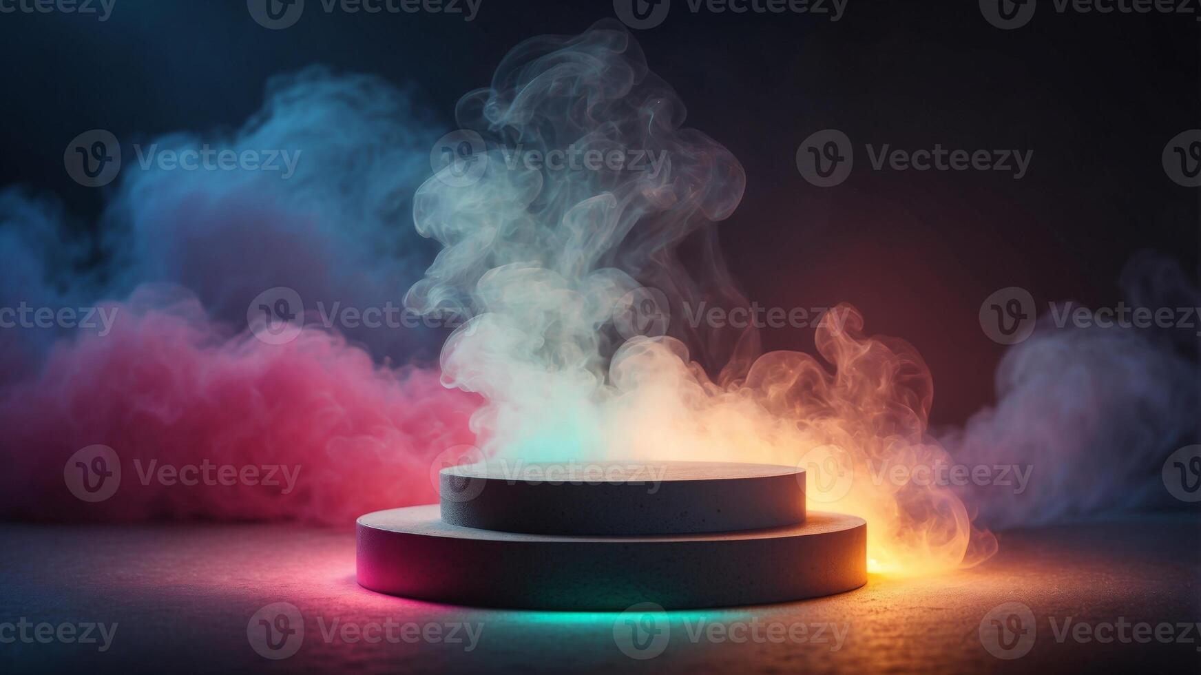 Round stone podium surrounded by smoke and glowing neon background. photo
