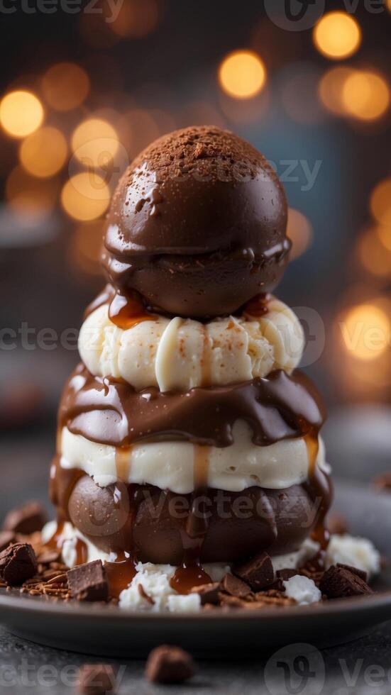 Cozy Winter Chocolate Dessert with Indulgent Ice Cream Topping. photo