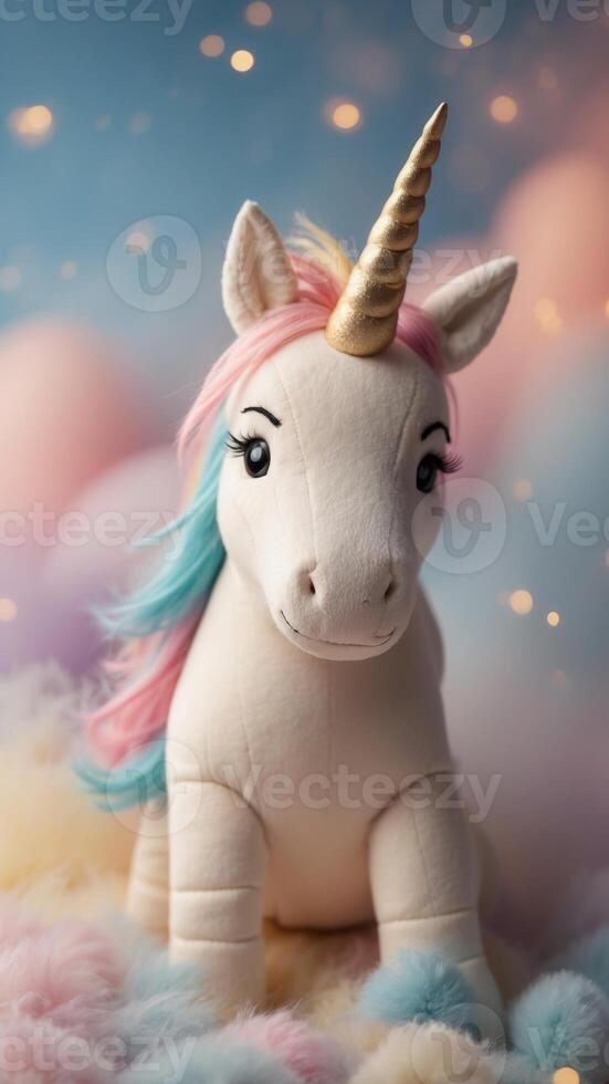 Plush unicorn toy nestled in pastel clouds. photo