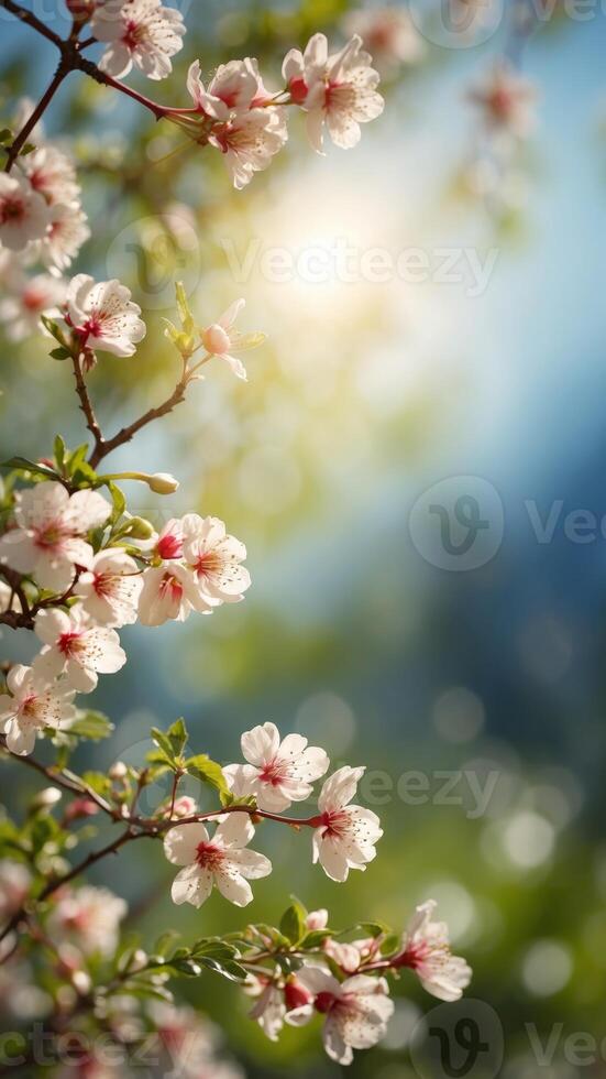 beautiful blurred background image of spring nature with sunny sky green nature and blue skies. photo