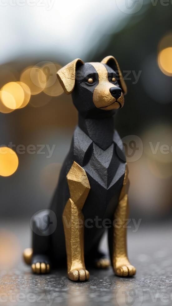 An black and gold dog sculpture sitting on a gray surface. photo
