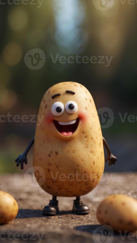 A cheerful animated potato character smiling. photo