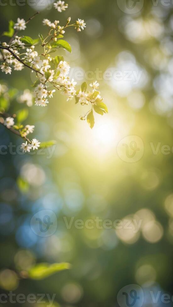 beautiful blurred background image of spring nature with sunny sky green nature and blue skies. photo