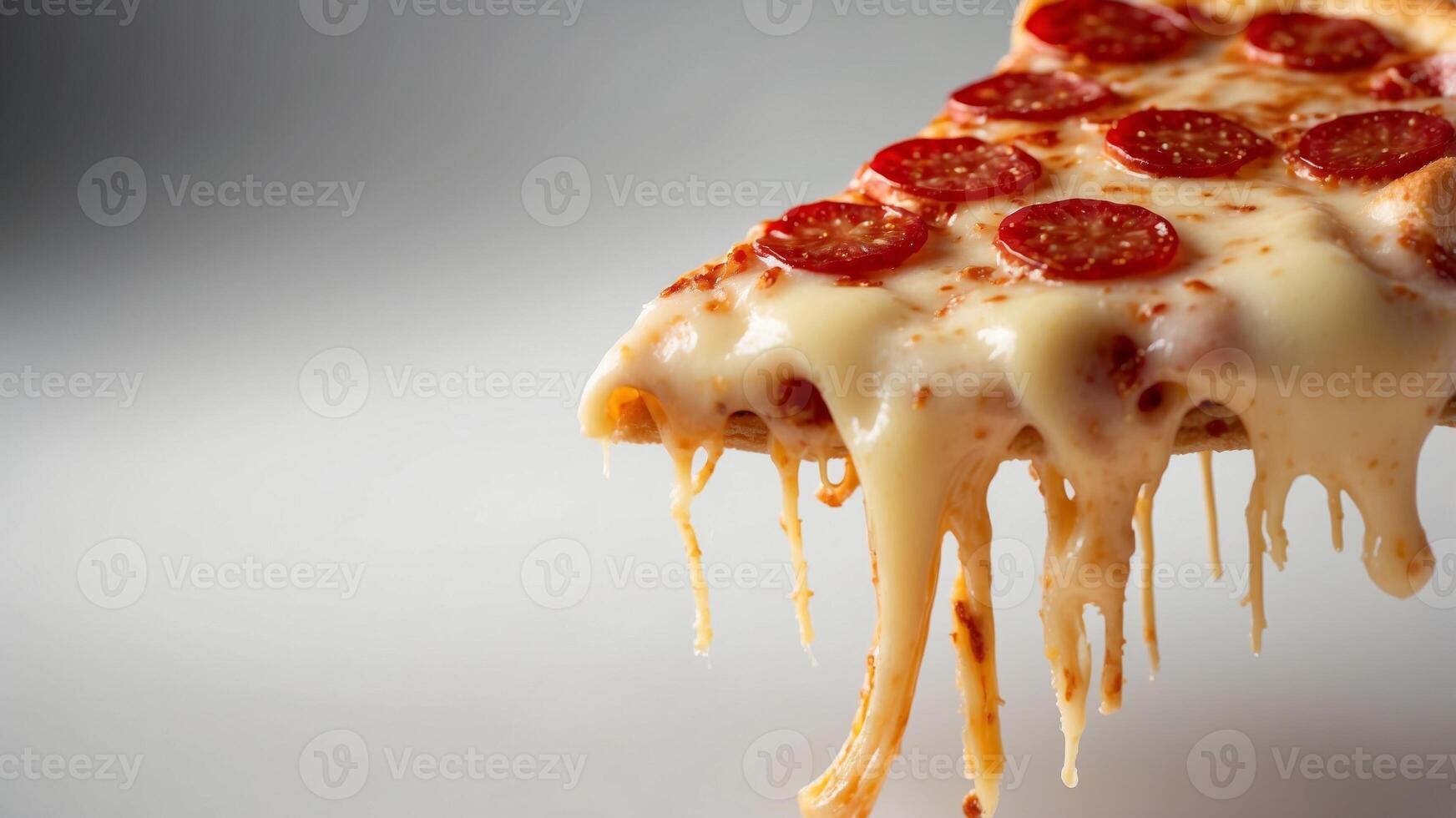Pepperoni pizza slice with cheese stretch on white. photo