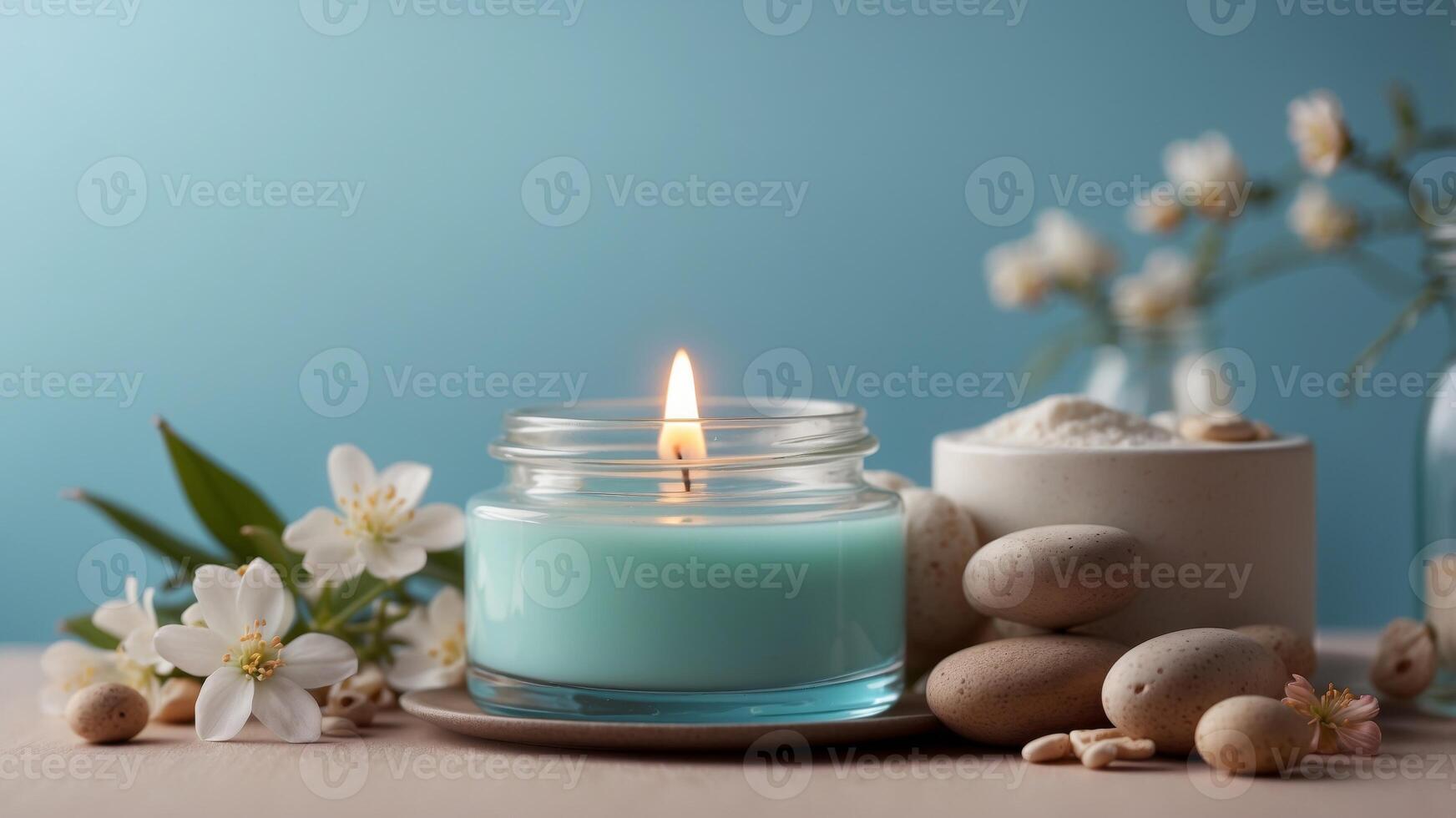 Spa essentials on a pastel blue background. photo