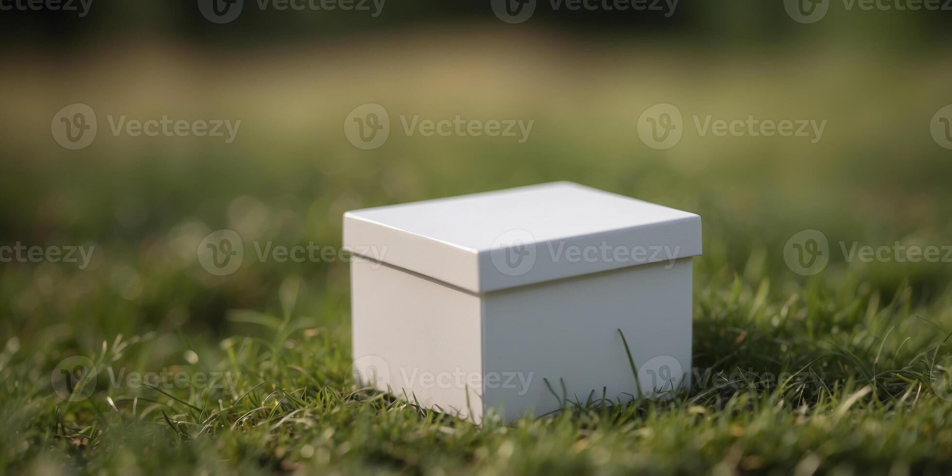 A small white box is sitting in a lush green field. photo