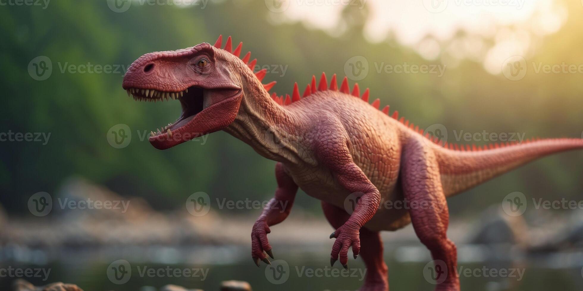 Pale dinosaur with red spikes by a jungle river at sunrise. photo