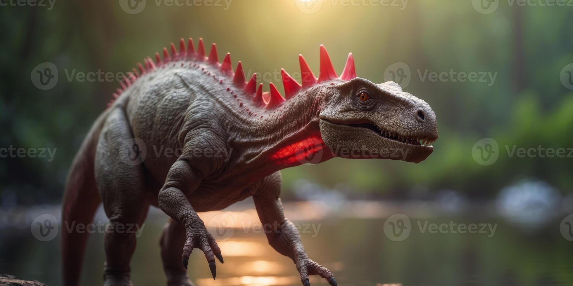 Pale dinosaur with red spikes by a jungle river at sunrise. photo