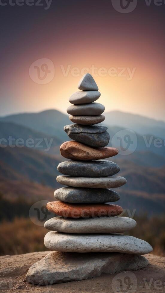 Pyramid of stones on the background of a landscape. photo
