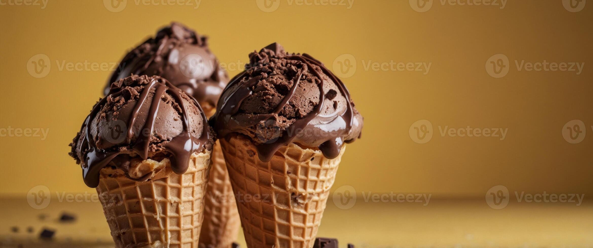 Ice Cream Cone With Chocolate Chunks on Yellow Background. photo