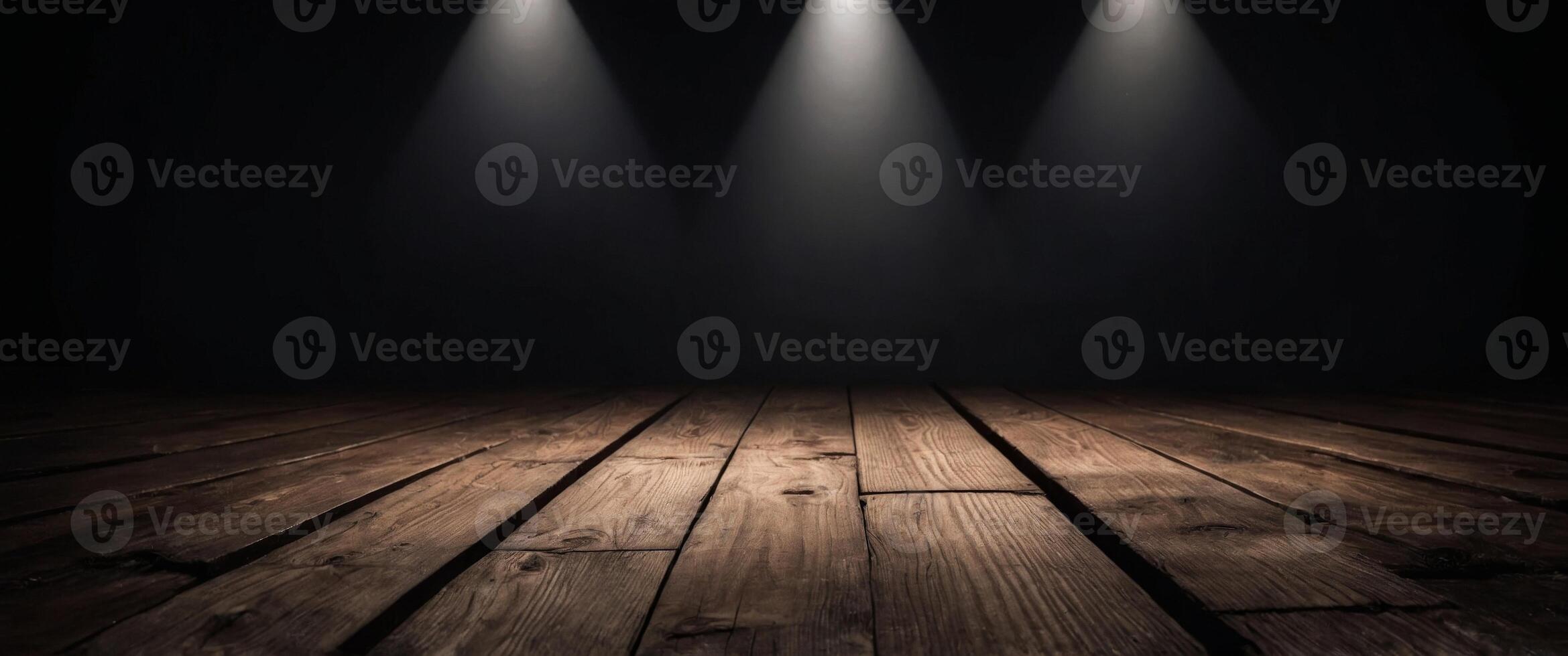 empty wooden floor dark black background with spotlight. photo