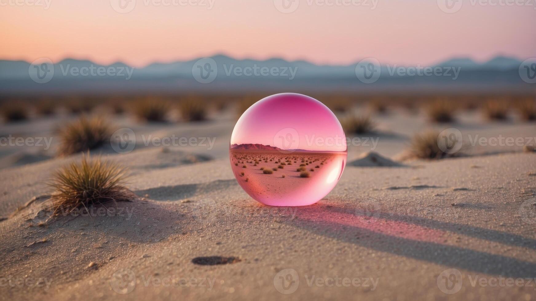 An desolate desert landscape with a large pink object in the distance. photo