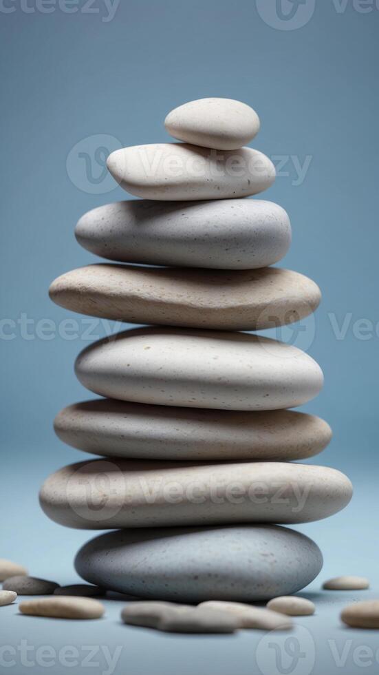 Stack of smooth white stones on a pale blue background. photo