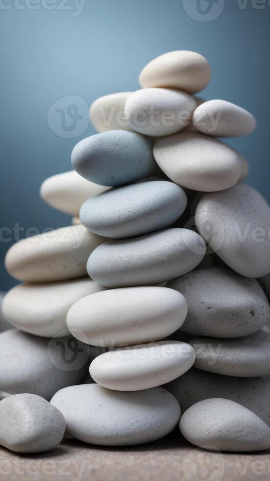 Stack of smooth white stones on a pale blue background. photo