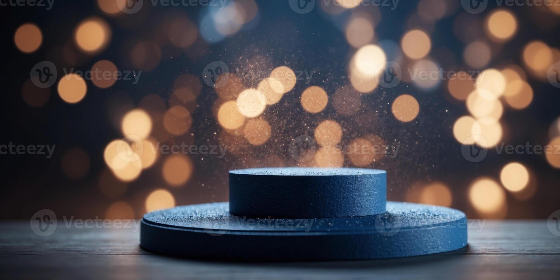 A Circular Podium Bathed in Blue Light and Starry Dust. photo