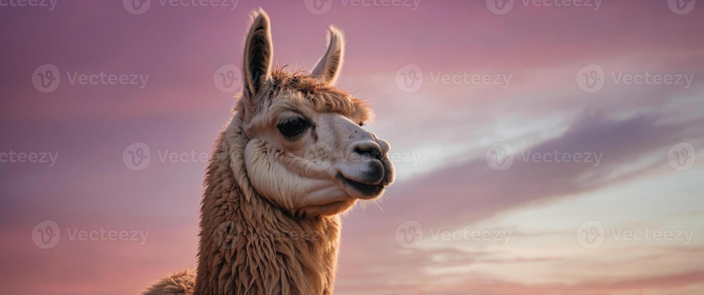 Dignified llama with a peaceful expression under pink sky. photo