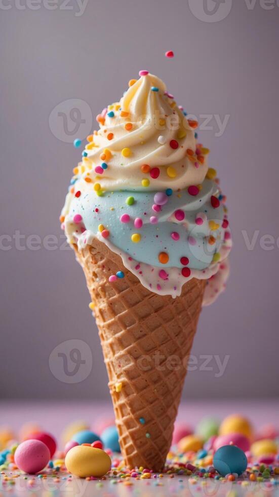 Colorful ice cream cone with sprinkles and candy. photo