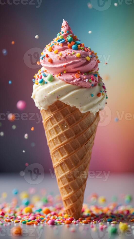 Colorful ice cream cone with sprinkles and candy. photo
