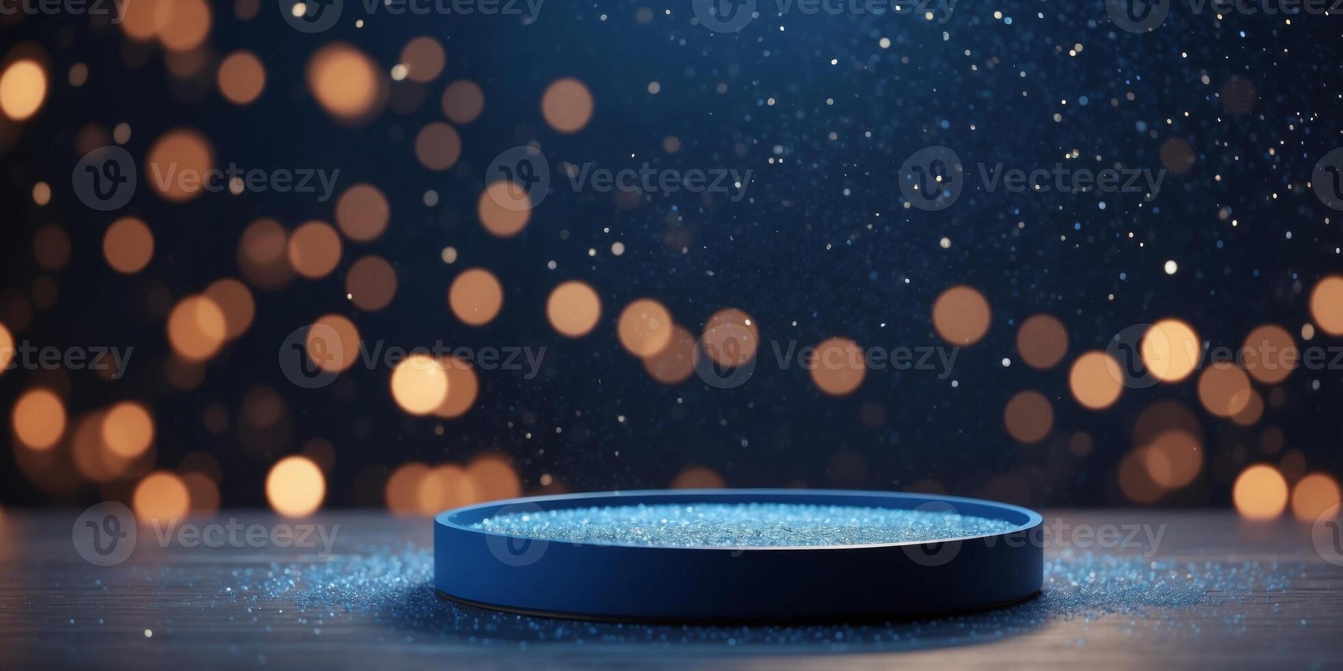 A Circular Podium Bathed in Blue Light and Starry Dust. photo