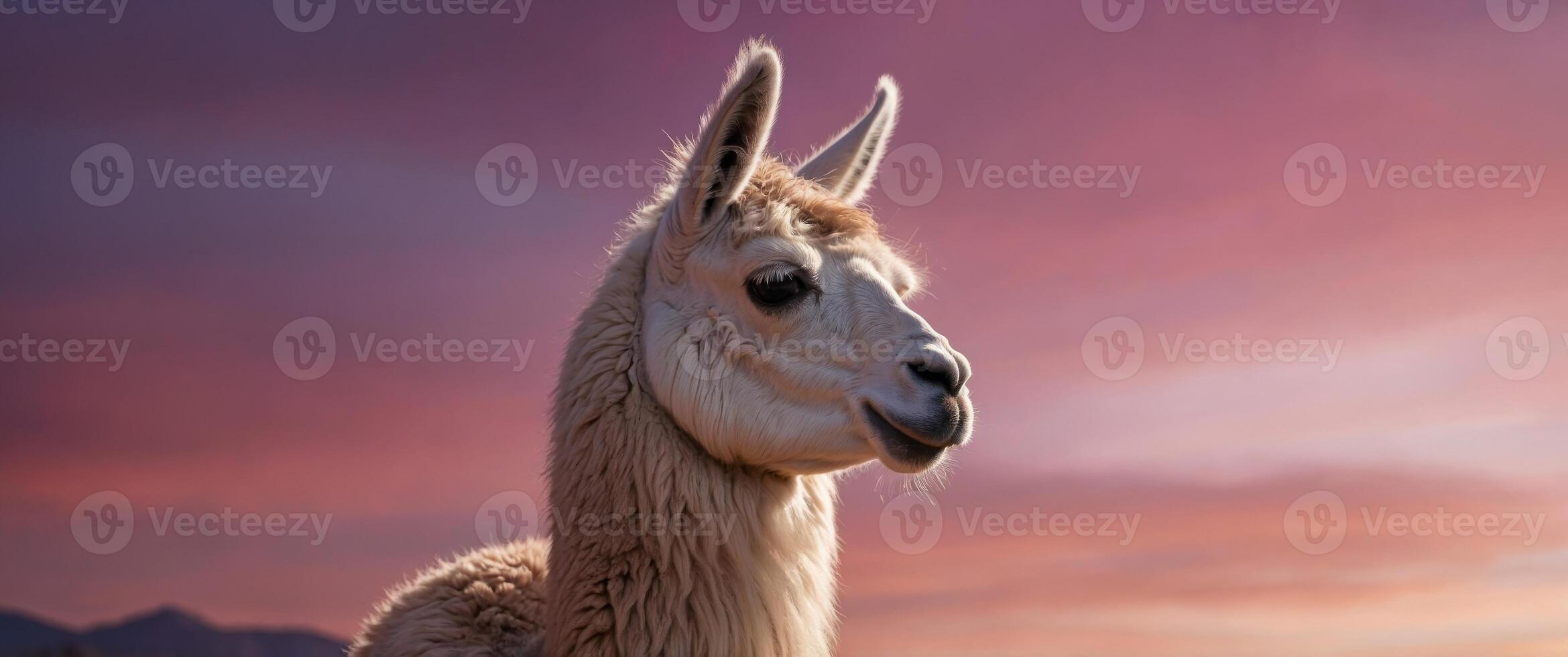 Dignified llama with a peaceful expression under pink sky. photo