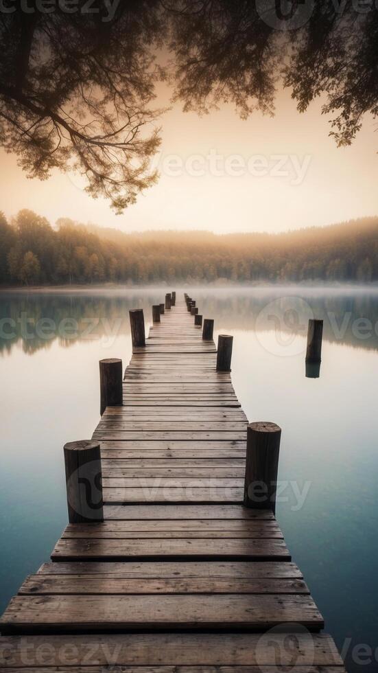 Old wooden pier extending into a misty lake. photo
