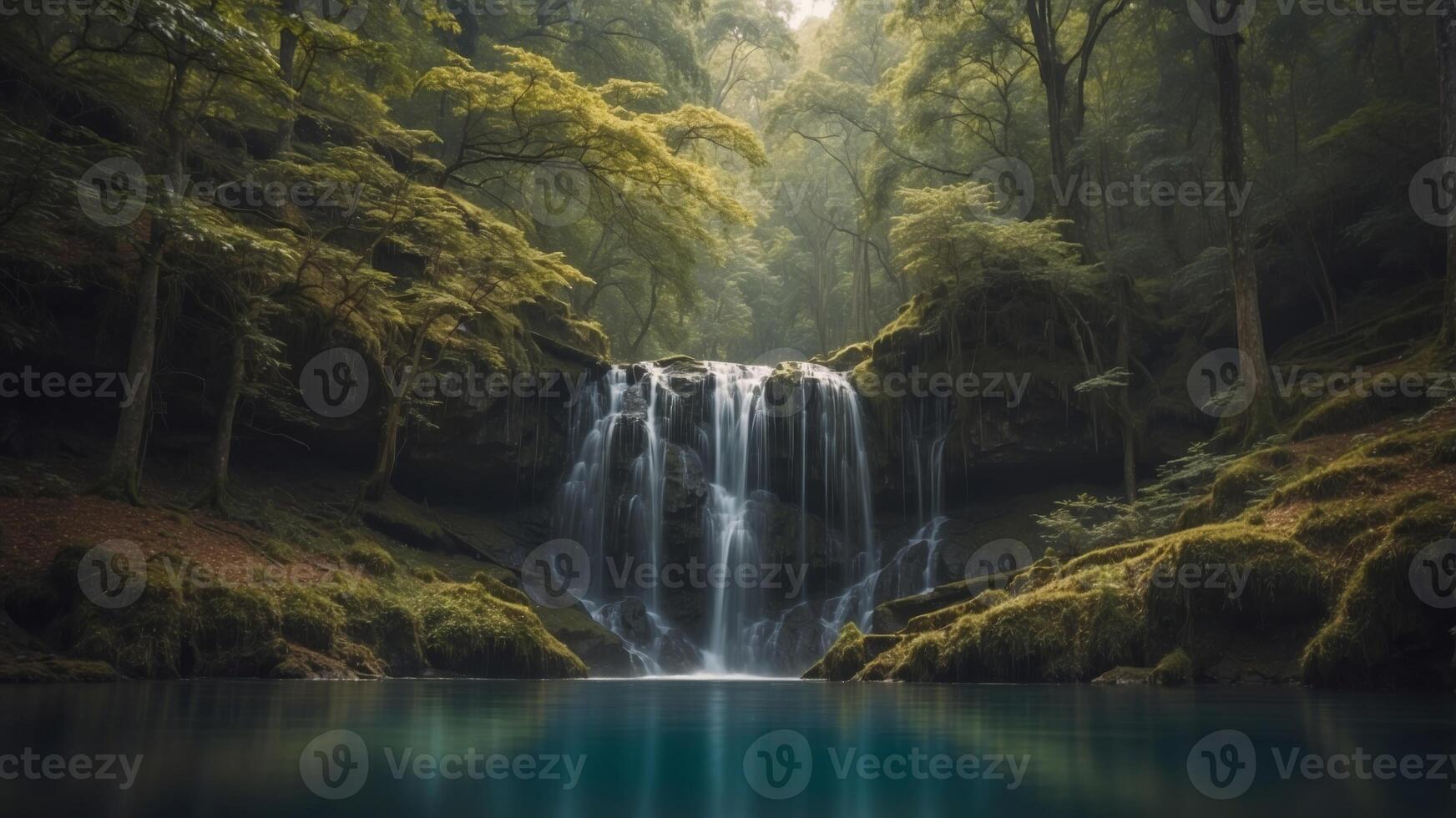 Captivating Hidden Forest Pool with Cascading Waterfall and Serene Atmosphere. photo